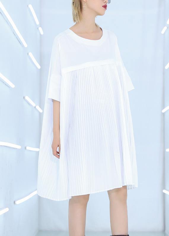 French White Cotton Dresses Fine Work Outfits O Neck Cinched Midi Summer Dress