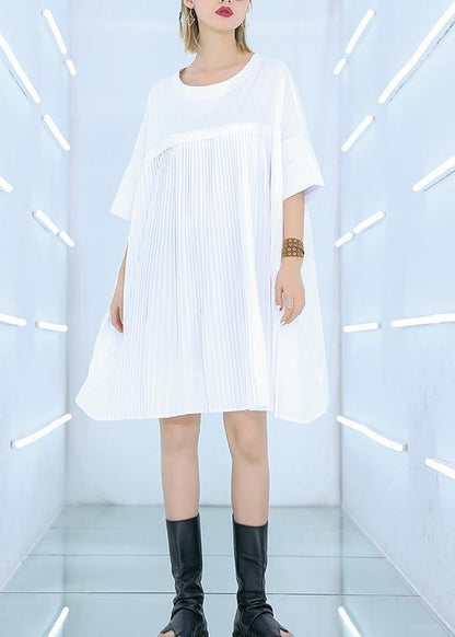French White Cotton Dresses Fine Work Outfits O Neck Cinched Midi Summer Dress