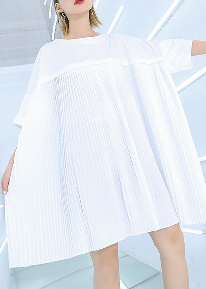 French White Cotton Dresses Fine Work Outfits O Neck Cinched Midi Summer Dress
