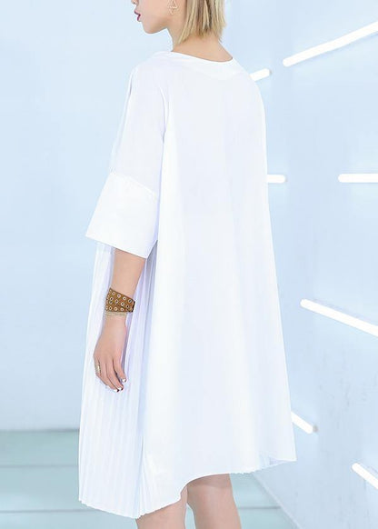 French White Cotton Dresses Fine Work Outfits O Neck Cinched Midi Summer Dress
