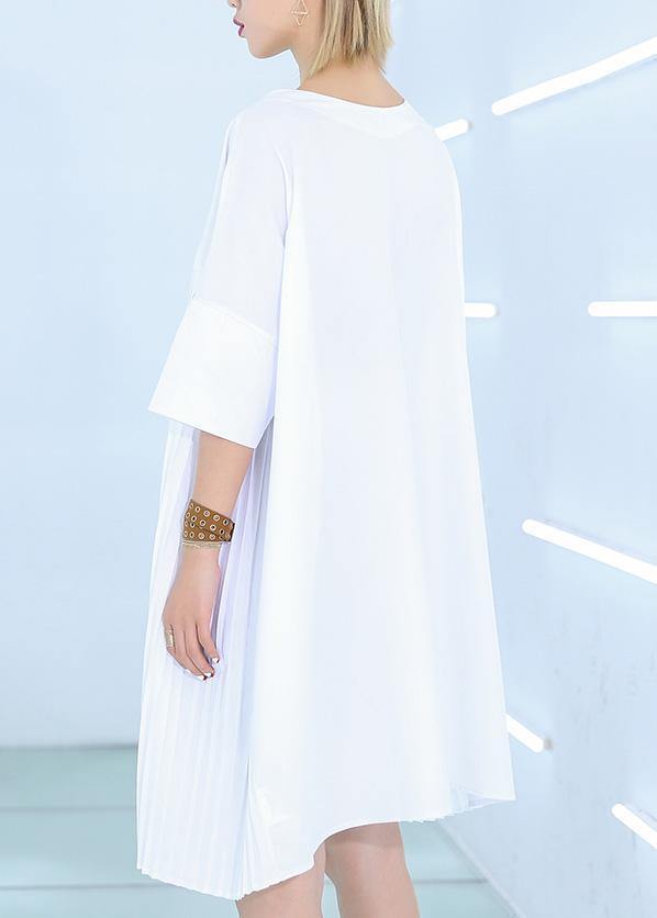 French White Cotton Dresses Fine Work Outfits O Neck Cinched Midi Summer Dress