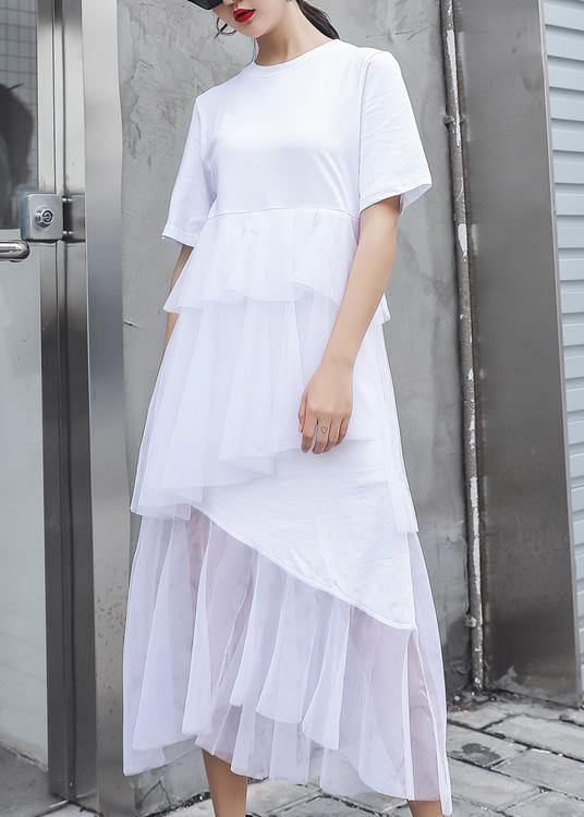 French White Cotton Tunic Patchwork Tulle Robe Summer Dresses