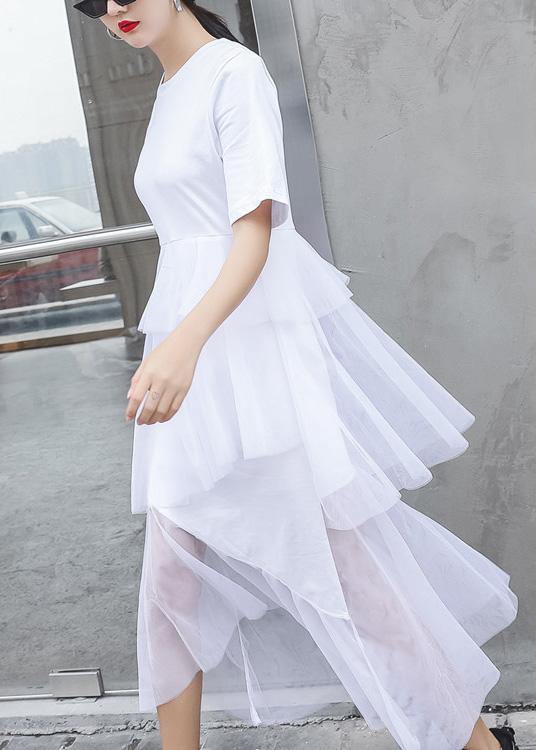 French White Cotton Tunic Patchwork Tulle Robe Summer Dresses
