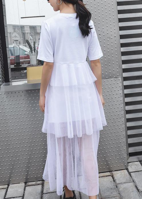 French White Cotton Tunic Patchwork Tulle Robe Summer Dresses