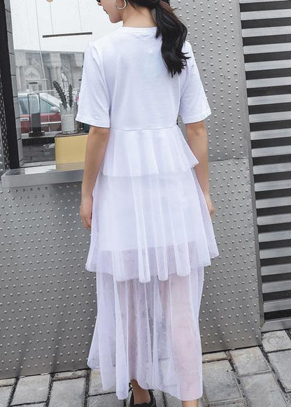 French White Cotton Tunic Patchwork Tulle Robe Summer Dresses