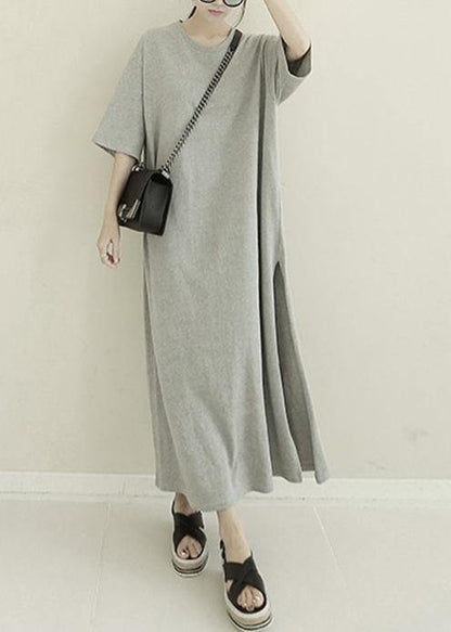 French White Cotton Quilting Clothes O Neck Side Open Maxi Dresses