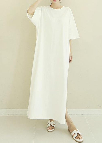 French White Cotton Quilting Clothes O Neck Side Open Maxi Dresses
