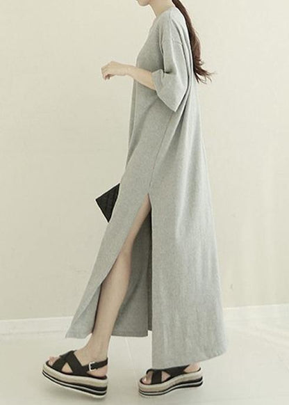 French White Cotton Quilting Clothes O Neck Side Open Maxi Dresses