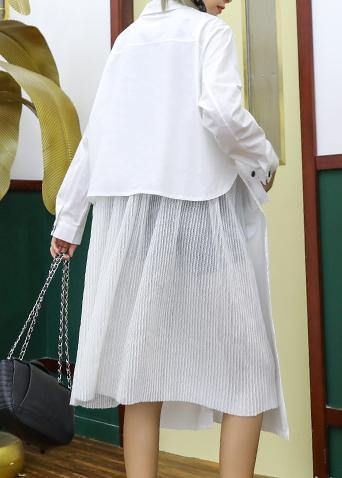 French White Cotton Shirt Dress Pattern Pockets Patchwork Maxi Lapel Dress