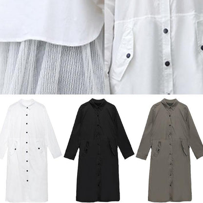 French White Cotton Shirt Dress Pattern Pockets Patchwork Maxi Lapel Dress