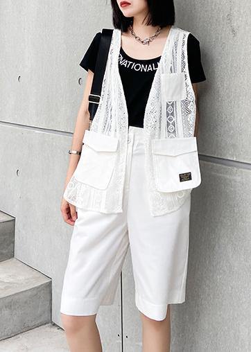 French White Cotton Top V Neck Pockets Clothing Tops