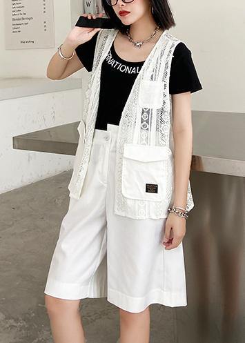 French White Cotton Top V Neck Pockets Clothing Tops