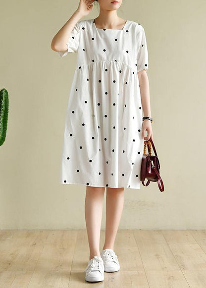 French White Dotted Clothes Square Collar Shift Dresses