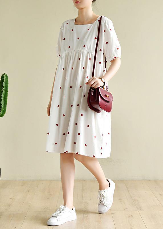French White Dotted Clothes Square Collar Shift Dresses