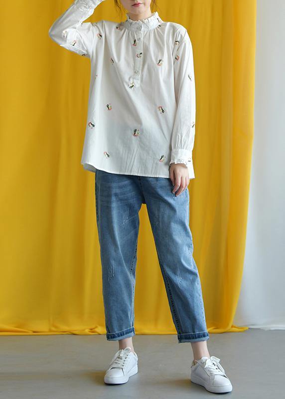 French white embroidery cotton crane tops stand collar Knee fall tops