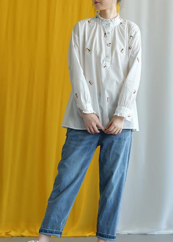 French White Embroidery Cotton Crane Tops Stand Collar Knee Fall Tops