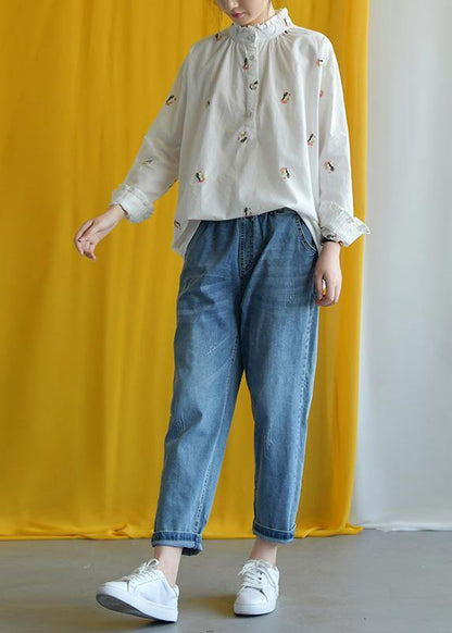 French white embroidery cotton crane tops stand collar Knee fall tops