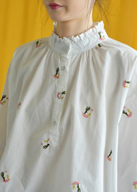 French White Embroidery Cotton Crane Tops Stand Collar Knee Fall Tops