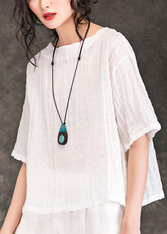 French White Linen Blouses for O Neck Half Sleeve Art Summer Shirts