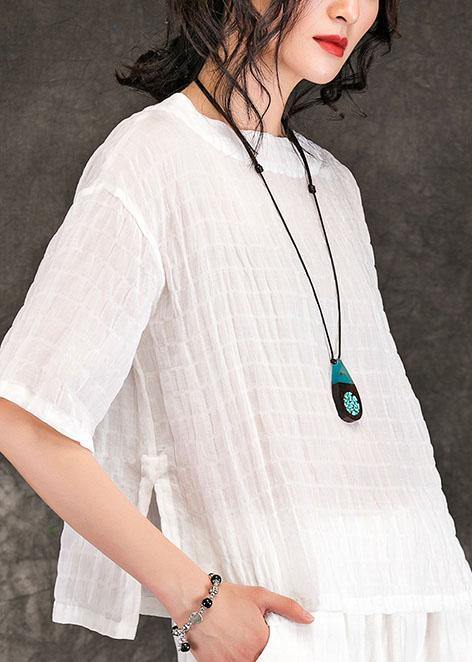 French White Linen Blouses for O Neck Half Sleeve Art Summer Shirts