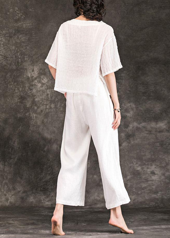 French White Linen Blouses for O Neck Half Sleeve Art Summer Shirts