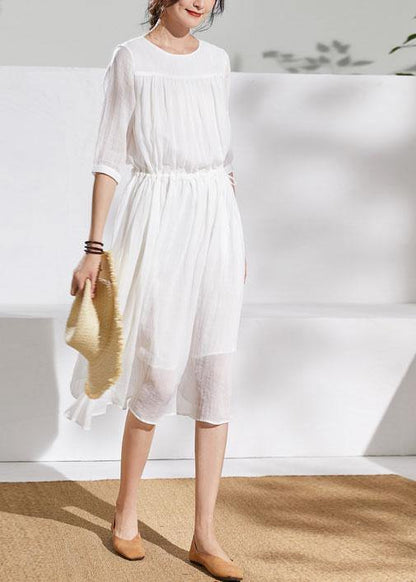 French White Linen Clothes for O Neck Half Sleeve Midi Summer Dress