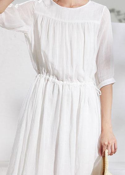 French White Linen Clothes for O Neck Half Sleeve Midi Summer Dress