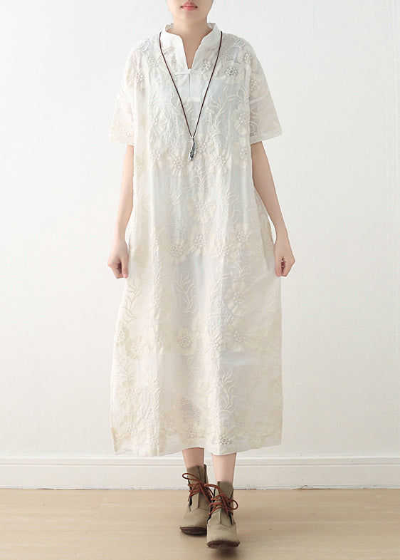 French White Linen Outfit Fine Inspiration Embroidery Stand Collar Dresses Summer Dress