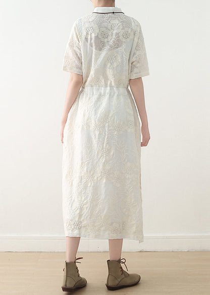 French White Linen Outfit Fine Inspiration Embroidery Stand Collar Dresses Summer Dress