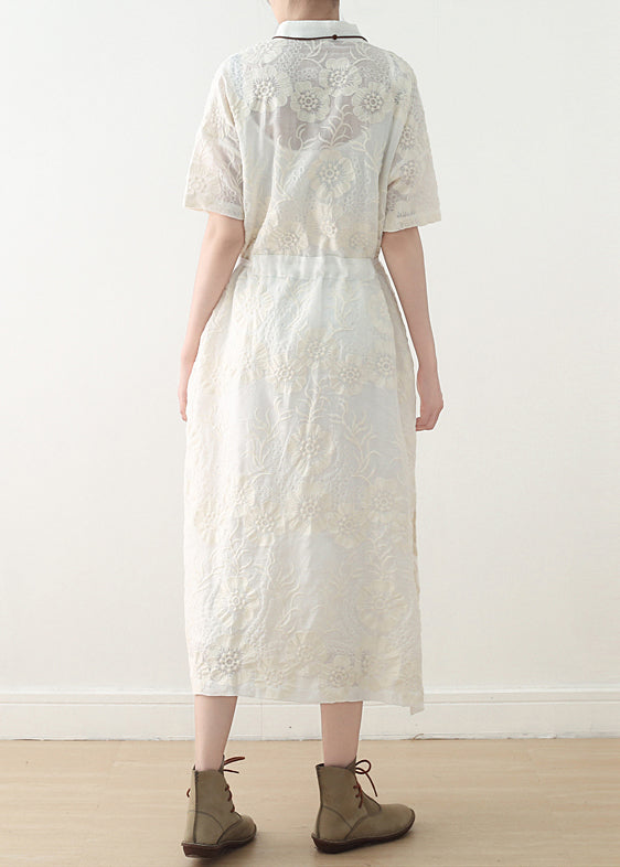 French White Linen Outfit Fine Inspiration Embroidery Stand Collar Dresses Summer Dress
