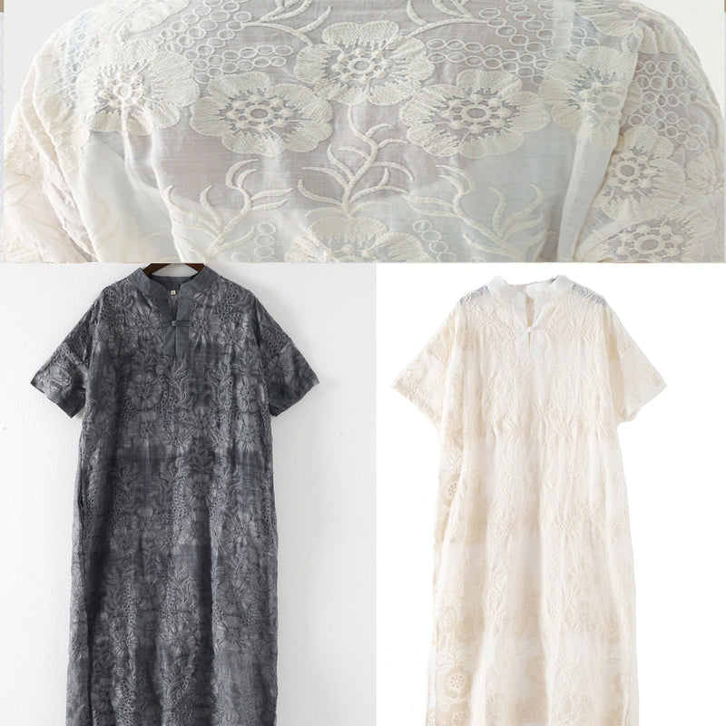 French White Linen Outfit Fine Inspiration Embroidery Stand Collar Dresses Summer Dress