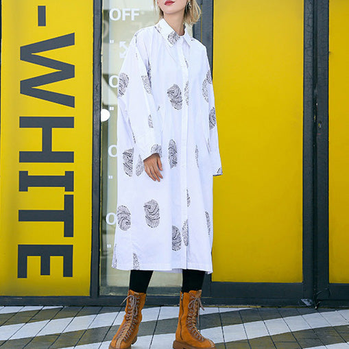 French White Print Cotton Clothes Fine Sewing Pockets Midi Shirt Dresses