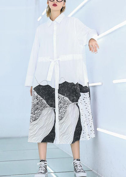 French White Print Cotton Clothes Lapel Patchwork Loose Dress