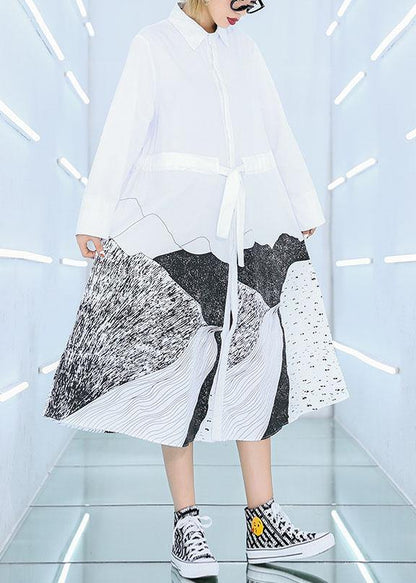 French White Print Cotton Clothes Lapel Patchwork Loose Dress