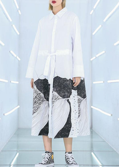 French White Print Cotton Clothes Lapel Patchwork Loose Dress