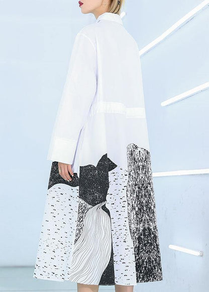 French White Print Cotton Clothes Lapel Patchwork Loose Dress