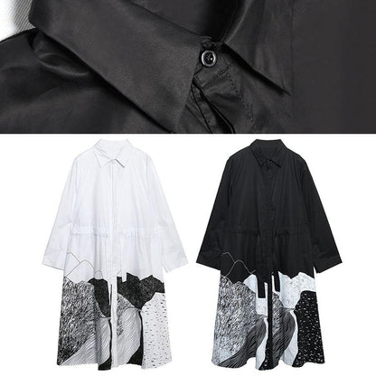 French White Print Cotton Clothes Lapel Patchwork Loose Dress
