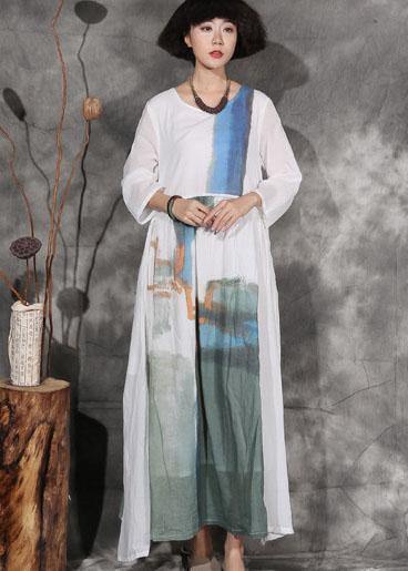 French White Prints Linen Wardrobes Patchwork Long Autumn Dresses