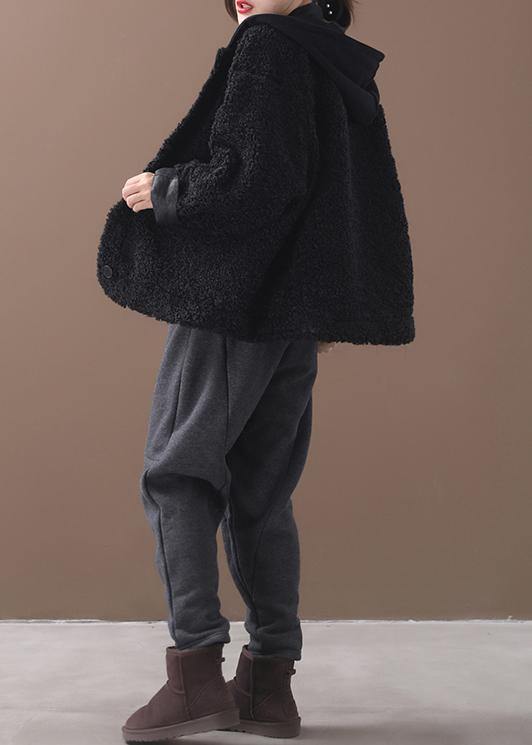 French Winter Patchwork Hooded Clothes Black Coat