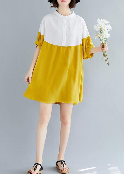 French Yellow Chiffon Dresses O Neck Patchwork Traveling Summer Dresses