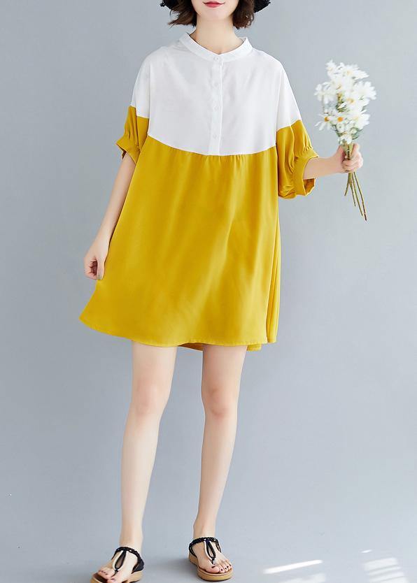 French Yellow Chiffon Dresses O Neck Patchwork Traveling Summer Dresses