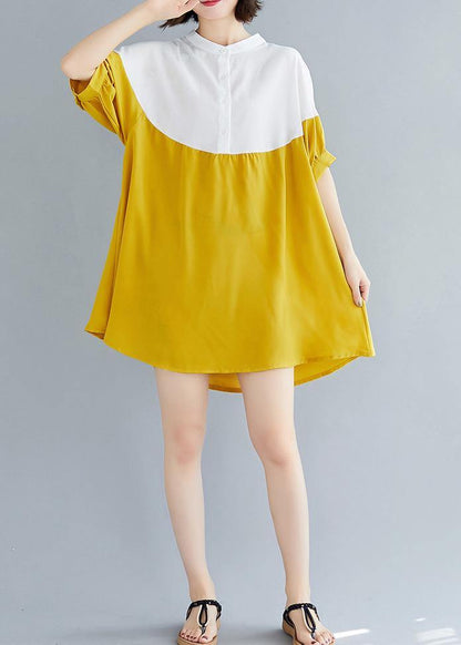 French Yellow Chiffon Dresses O Neck Patchwork Traveling Summer Dresses