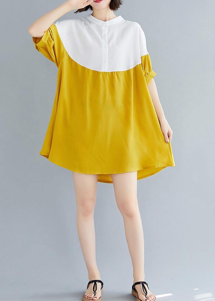 French Yellow Chiffon Dresses O Neck Patchwork Traveling Summer Dresses
