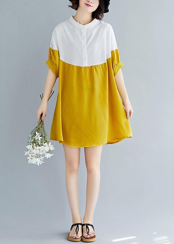 French Yellow Chiffon Dresses O Neck Patchwork Traveling Summer Dresses