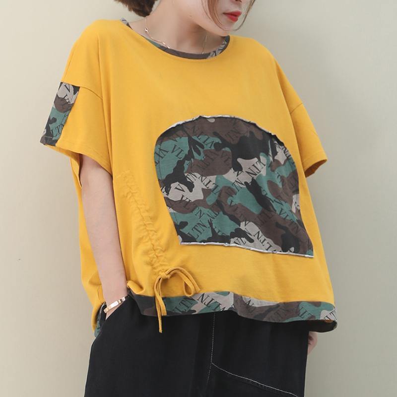 French Yellow Cotton Blouse O Neck Patchwork Knee Top