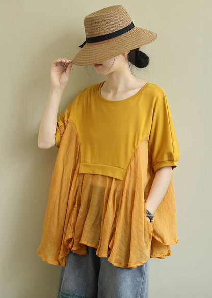 French Yellow Cotton Blouses for O Neck Patchwork Art Blouses
