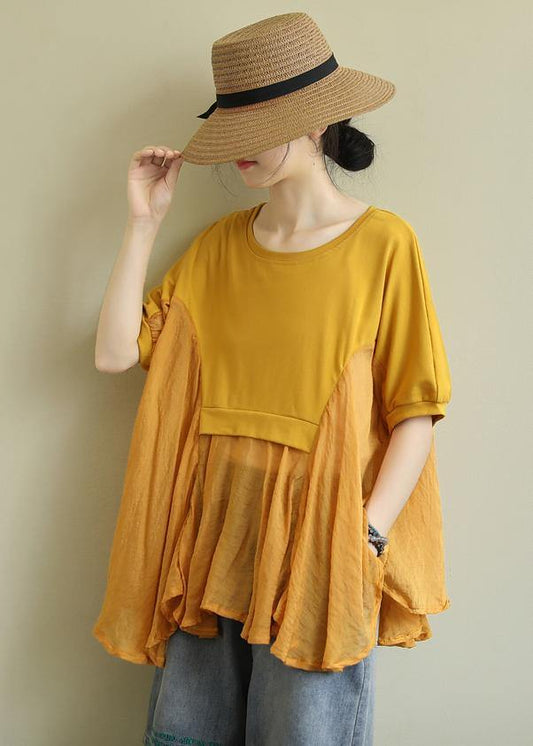 French Yellow Cotton Blouses for O Neck Patchwork Art Blouses