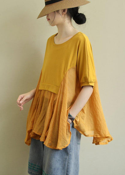French Yellow Cotton Blouses for O Neck Patchwork Art Blouses