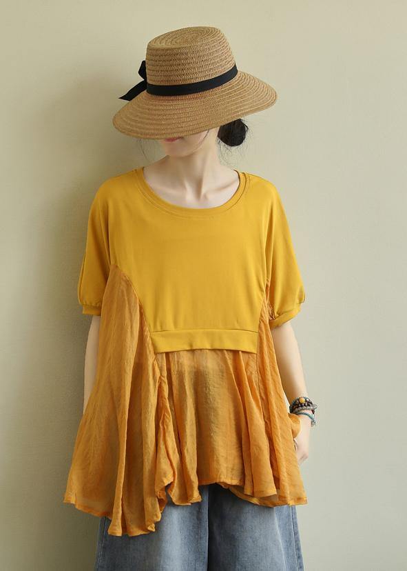 French Yellow Cotton Blouses for O Neck Patchwork Art Blouses