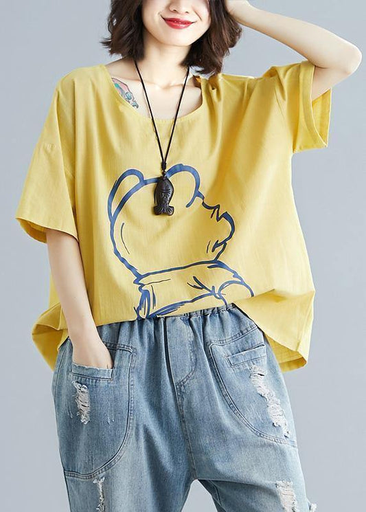 French Yellow Cotton Clothes Cartoon Print Tunic Summer Shirts
